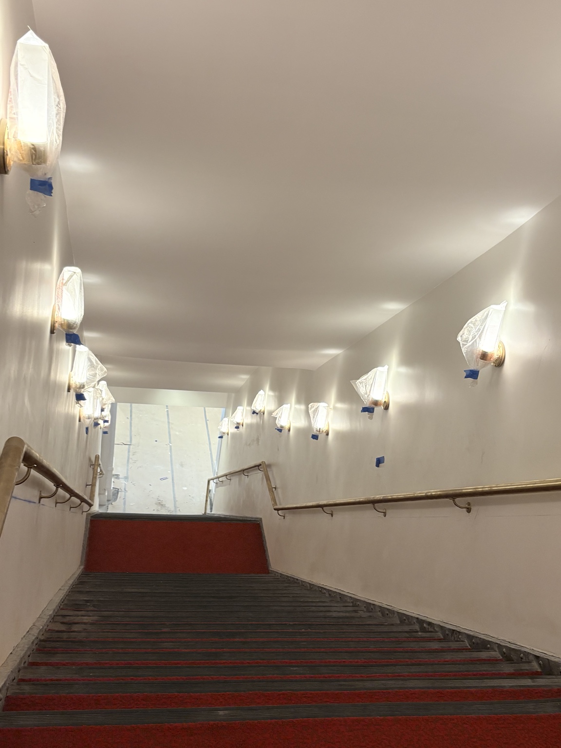 Long staircase view showing continuous decorative metal handrails